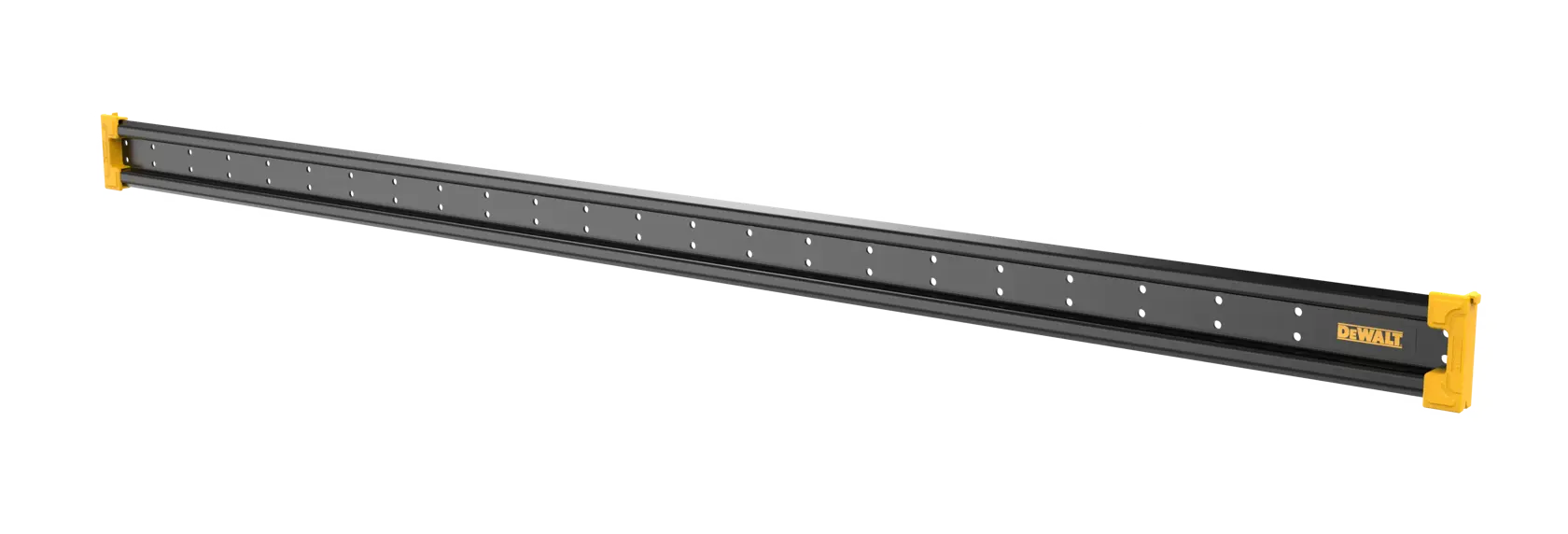 Uma longa trilha de metal preta com extremidades amarelas e o logotipo DEWALT, projetada para uso com ferramentas compatíveis, apresentada em um fundo branco.