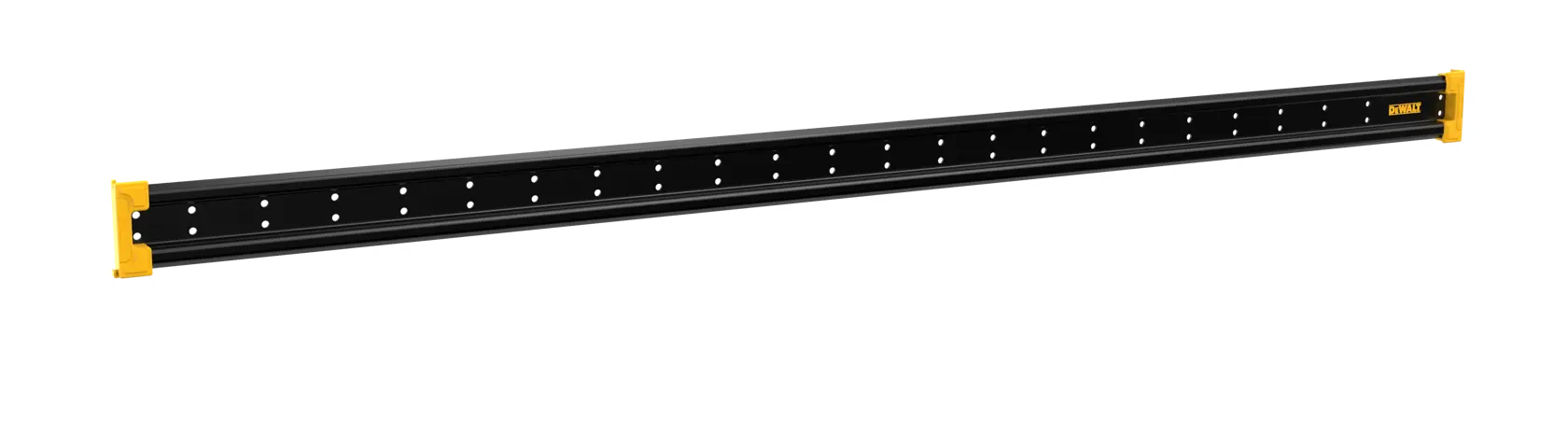 Um trilho de parede de metal preto DEWALT com suportes amarelos nas extremidades, projetado para organizar ferramentas e acessórios. O trilho possui vários furos espaçados para montar acessórios.
