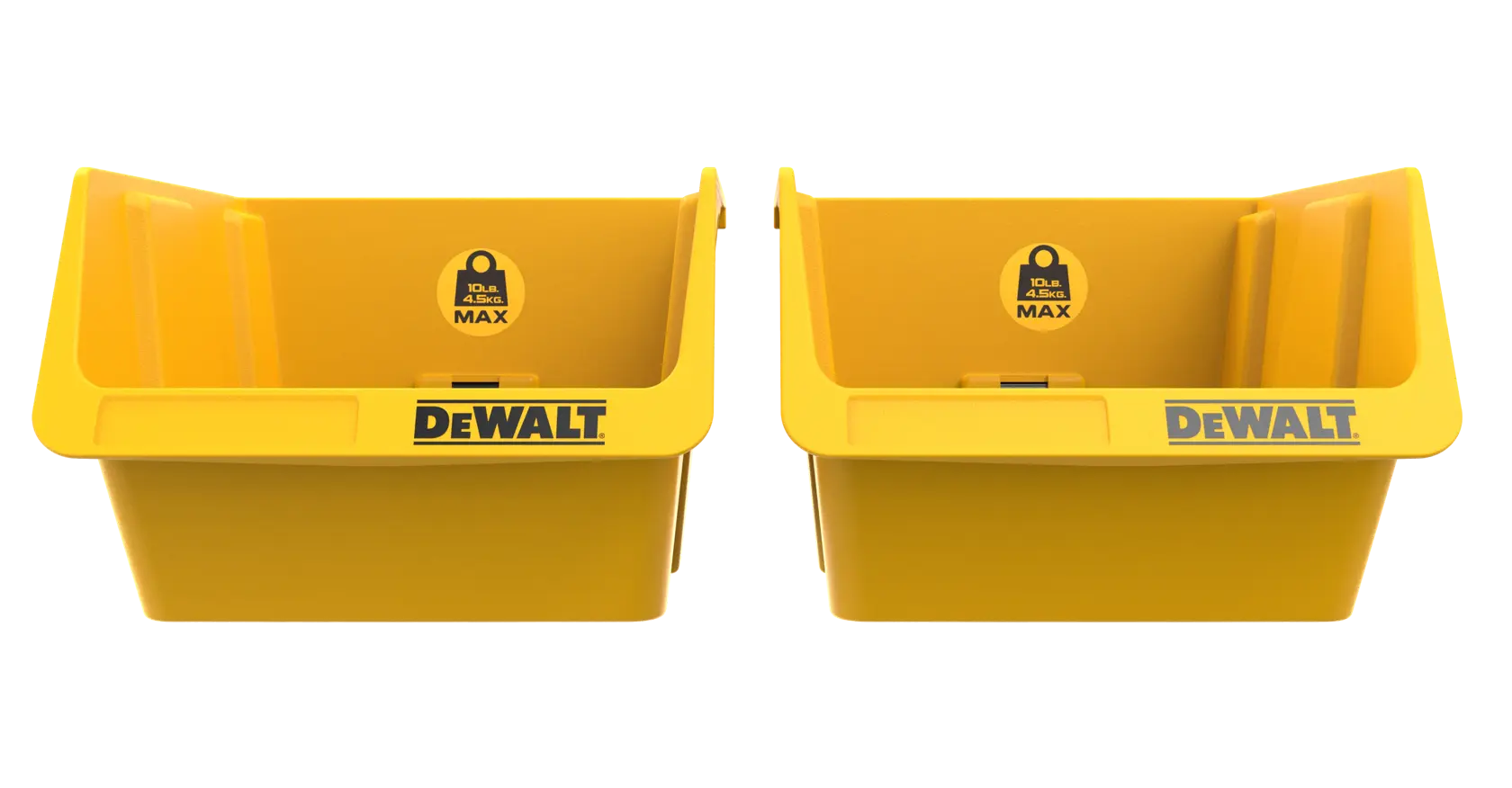 Dois recipientes de armazenamento amarelos DEWALT com frente aberta, exibindo o logotipo DEWALT e o indicador de carga máxima dentro de cada recipiente.