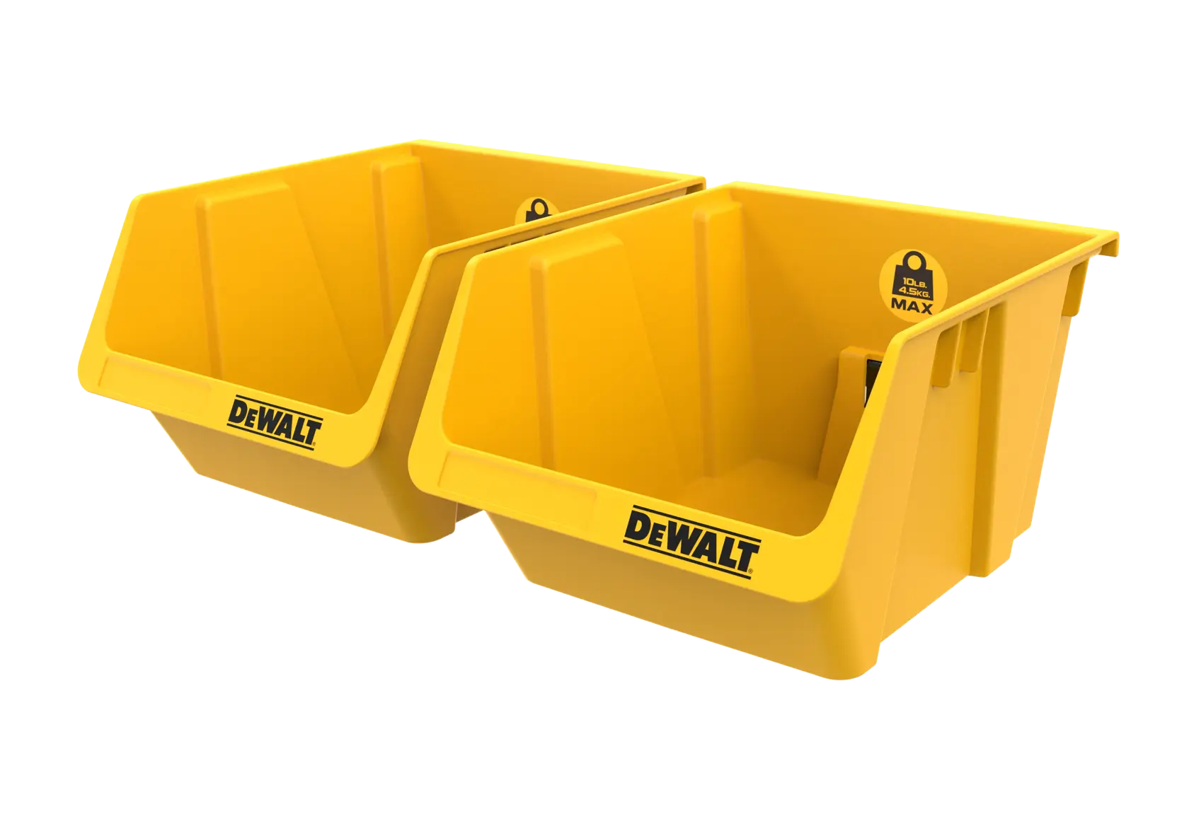 Dois recipientes de armazenamento de plástico amarelo da marca DEWALT com frente aberta, projetados para organizar ferramentas ou peças pequenas.