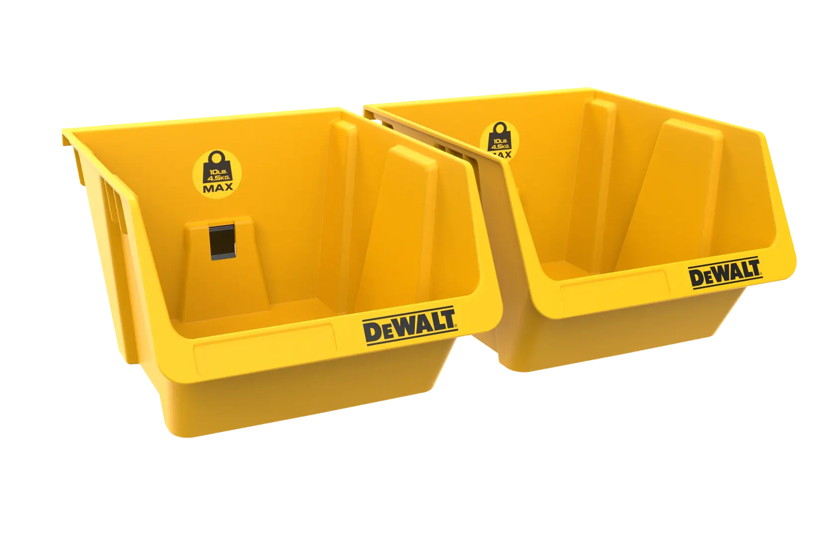 Dois recipientes de armazenamento de plástico amarelo DEWALT com frente aberta, logos DEWALT e marcações de limite de peso, projetados para organizar ferramentas ou pequenos itens.