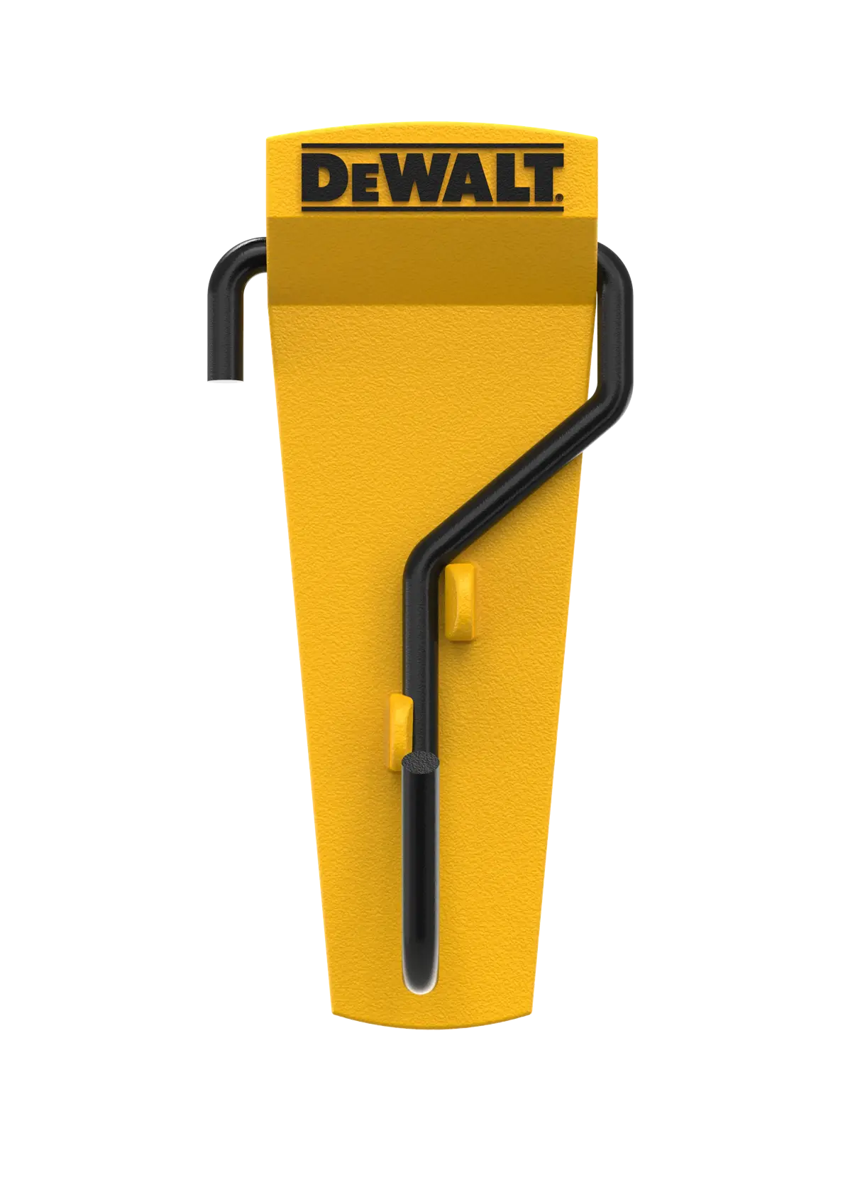 Um gancho de parede amarelo DEWALT com suporte de metal preto, projetado para organizar ferramentas ou equipamentos. O logotipo DEWALT está exibido na parte superior.