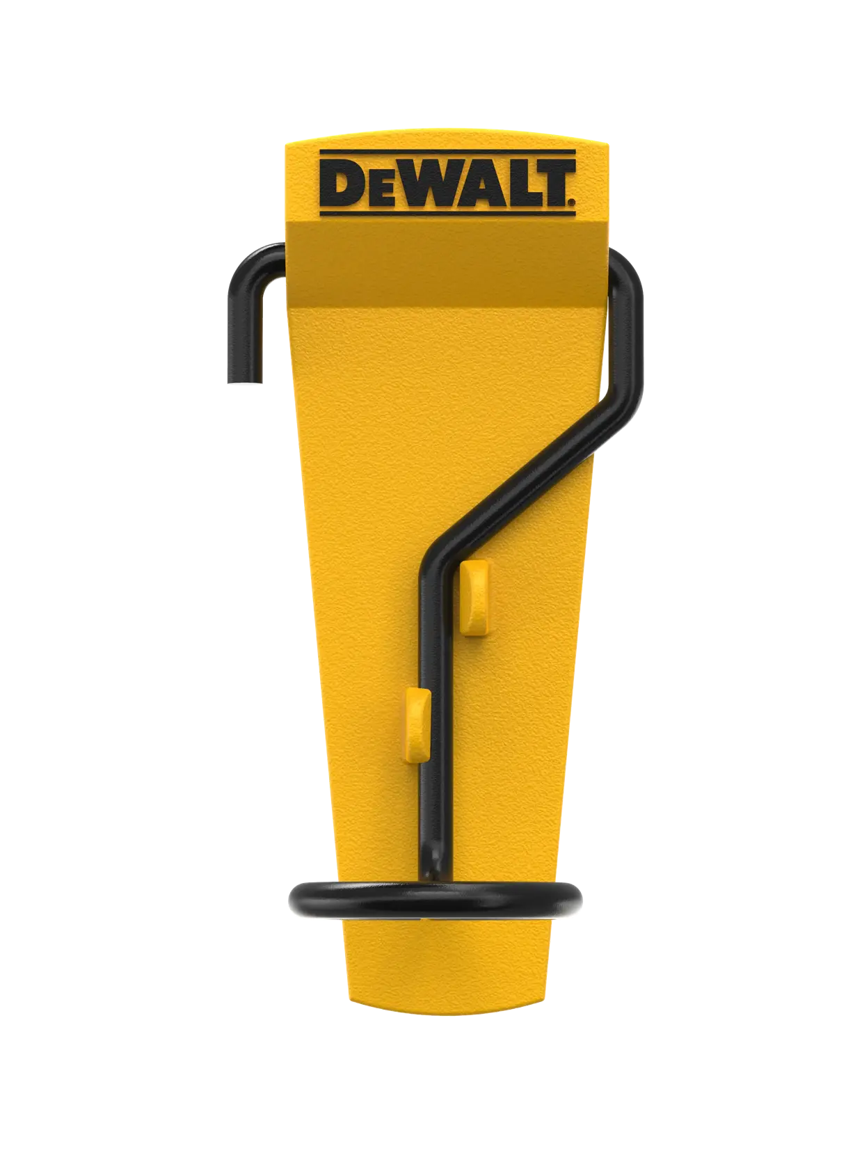 Um gancho de parede amarelo com a marca DEWALT e um suporte de metal preto, projetado para pendurar ferramentas ou equipamentos.