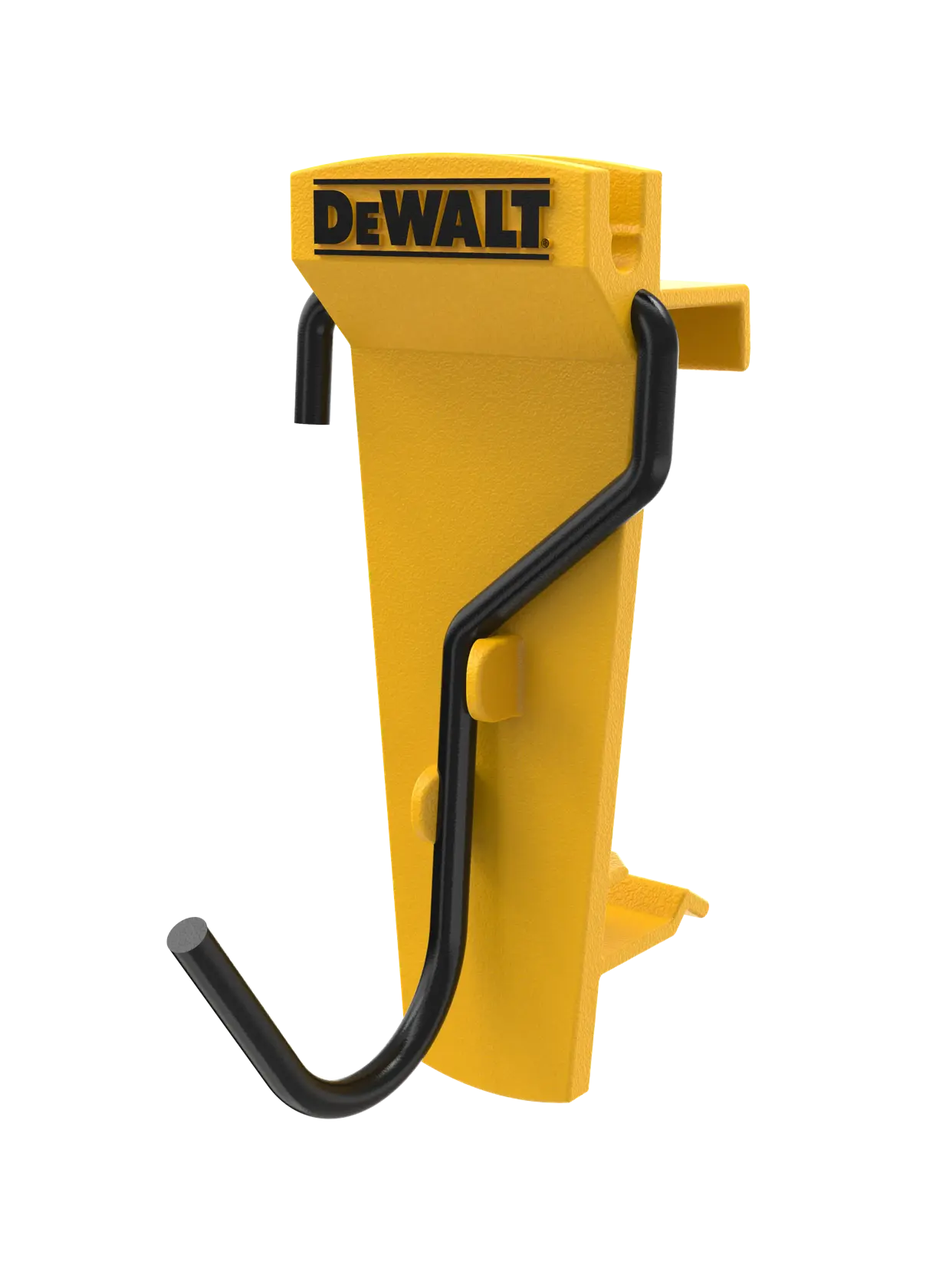 Um gancho de parede amarelo com a marca DEWALT e um braço curvado de metal preto, projetado para organizar e pendurar ferramentas. O gancho está montado em um fundo branco.