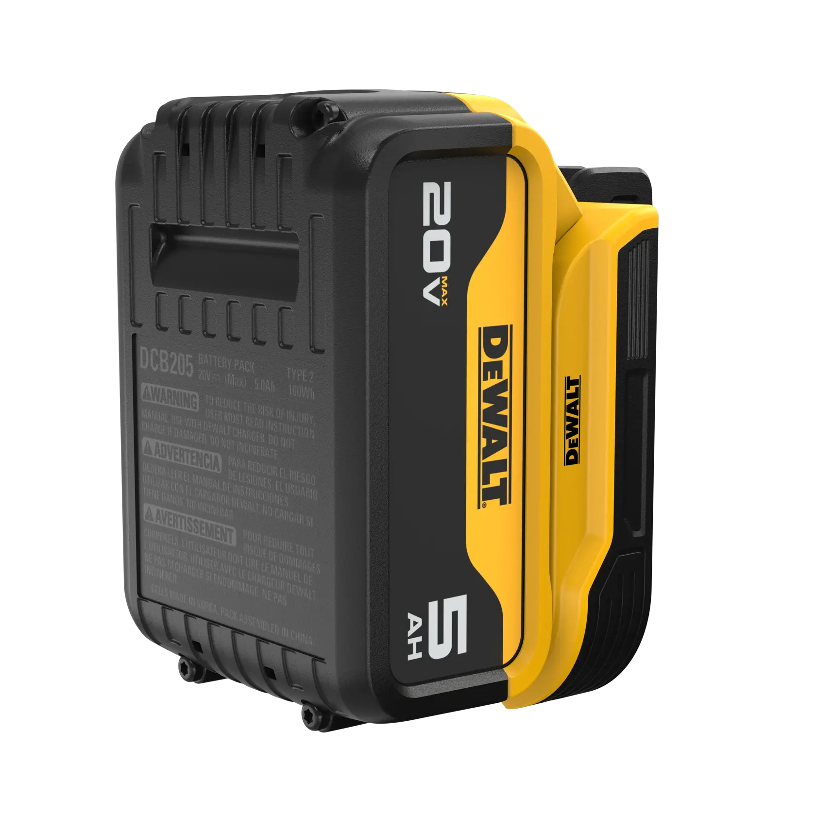 Um pack de bateria recarregável DEWALT 20V Max 5Ah, modelo DCB205, mostrado em uma caixa preta e amarela. A bateria apresenta a marca e especificações técnicas na superfície.