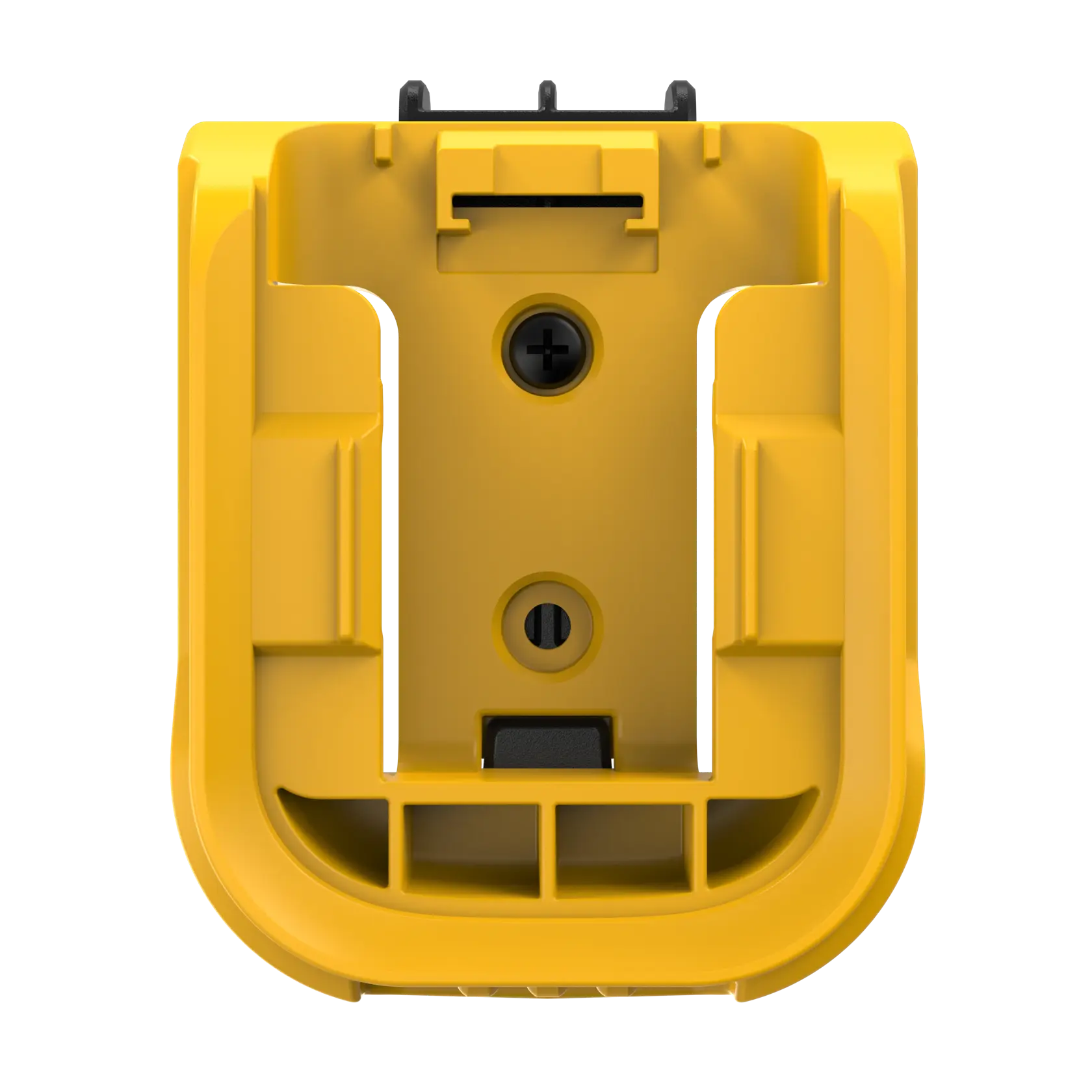 Vista frontal de um acessório de fotografia amarelo DEWALT, modelo DWST82820, com slots de montagem e orifícios para parafusos visíveis.