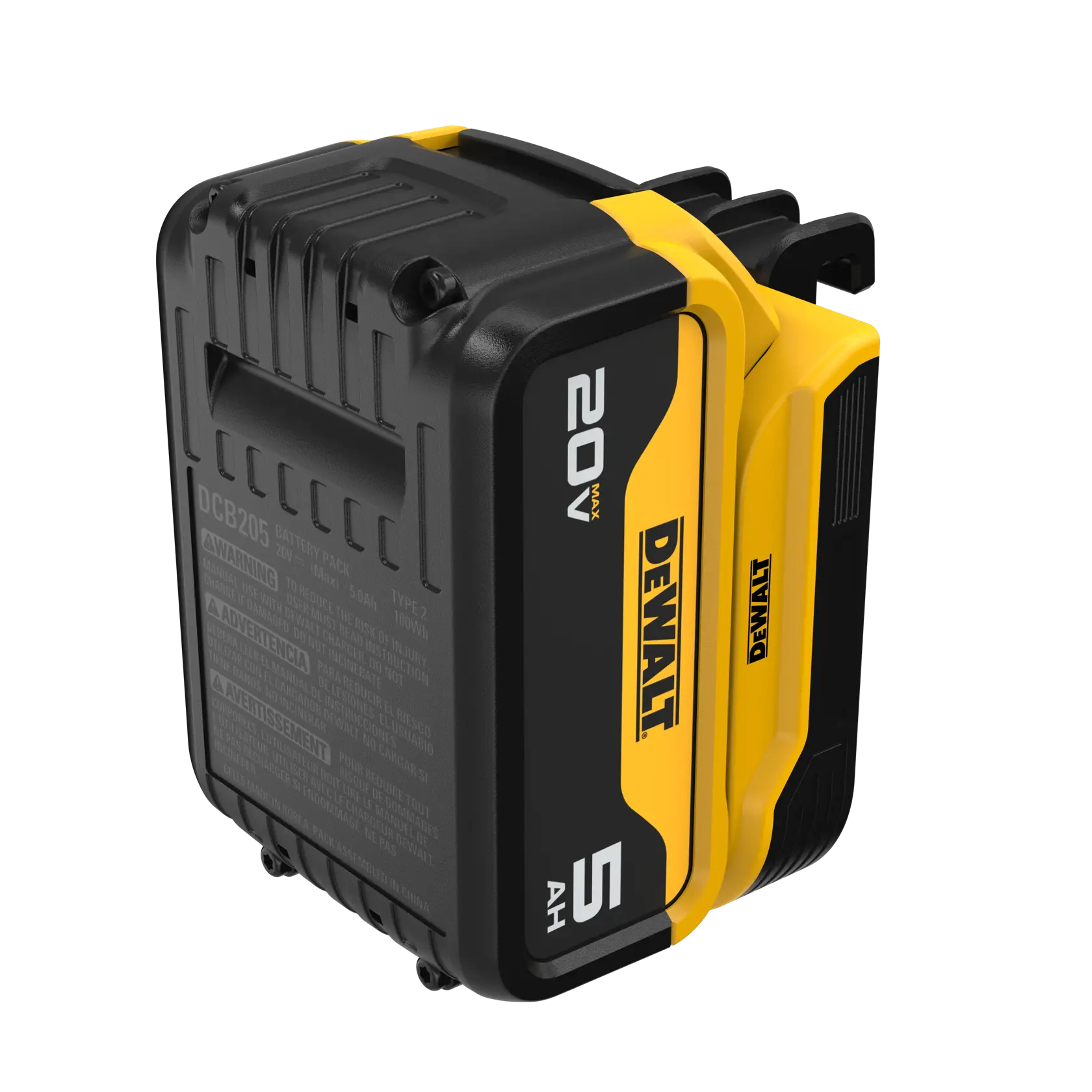 Um pacote de bateria de íon de lítio DEWALT 20V MAX 5Ah, preto e amarelo, projetado para ferramentas elétricas.