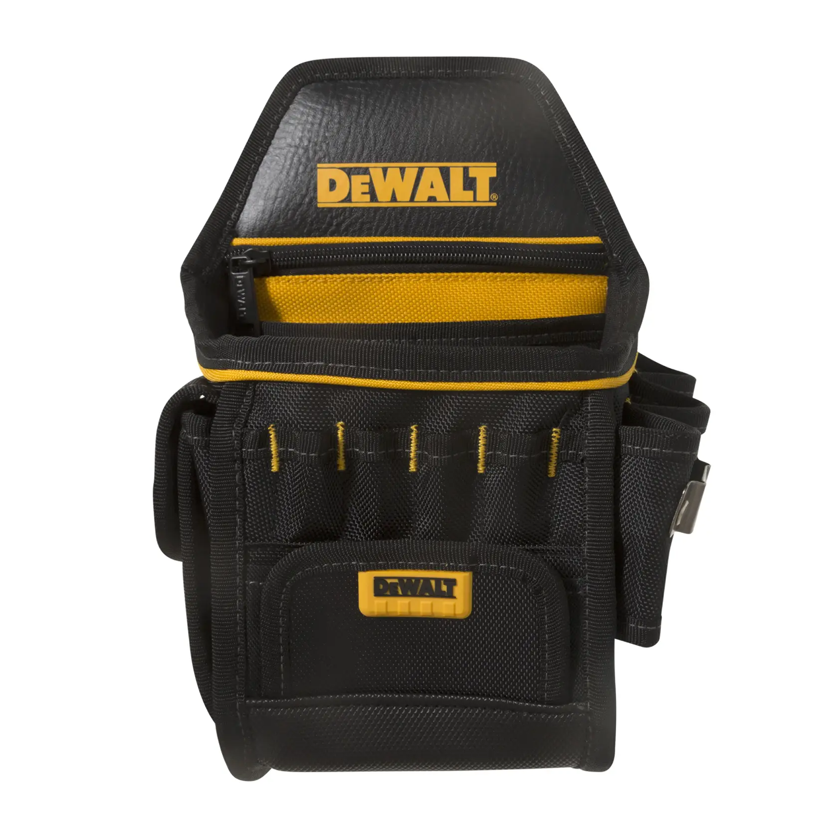 Bolsa de ferramentas DEWALT preta e amarela com vários bolsos e compartimentos para organizar ferramentas, com o logotipo DEWALT na frente.