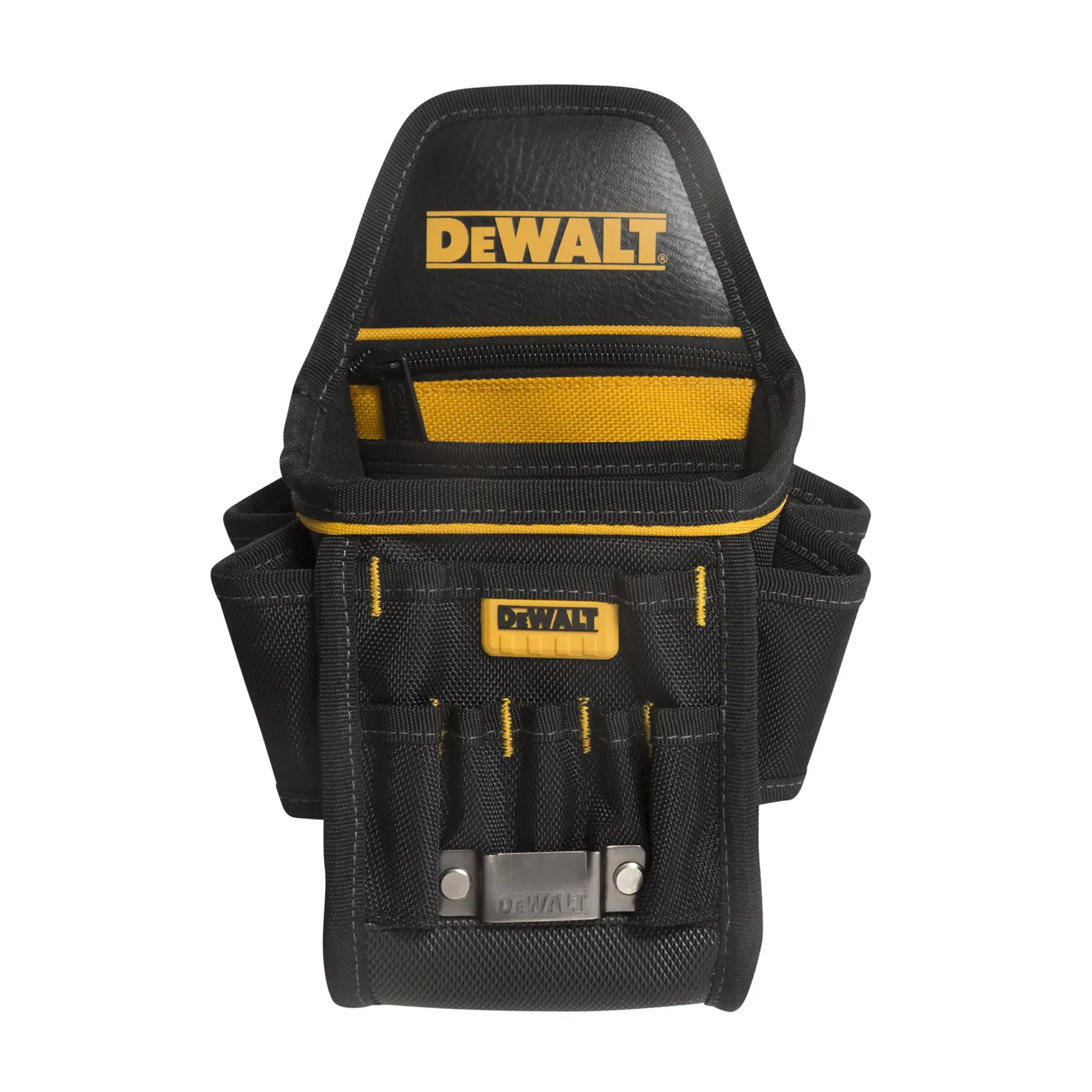 Um porta-ferramentas DEWALT preto e amarelo com vários bolsos e compartimentos, projetado para armazenar ferramentas e acessórios. O logotipo da DEWALT é visível na frente e na aba superior.