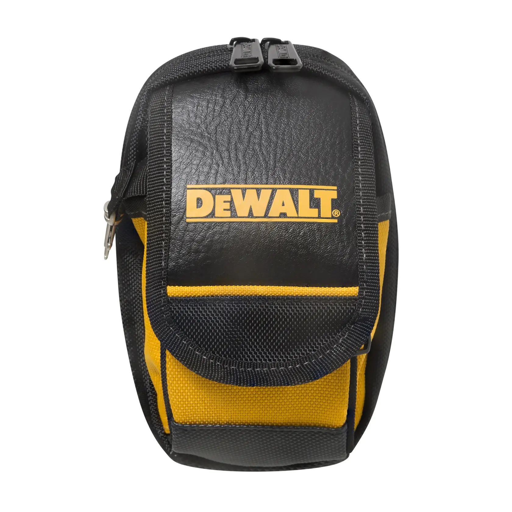 Uma bolsa de transporte preta e amarela da DEWALT, com zíper na parte superior e bolso frontal, projetada para organizar e proteger acessórios pequenos de fotografia.