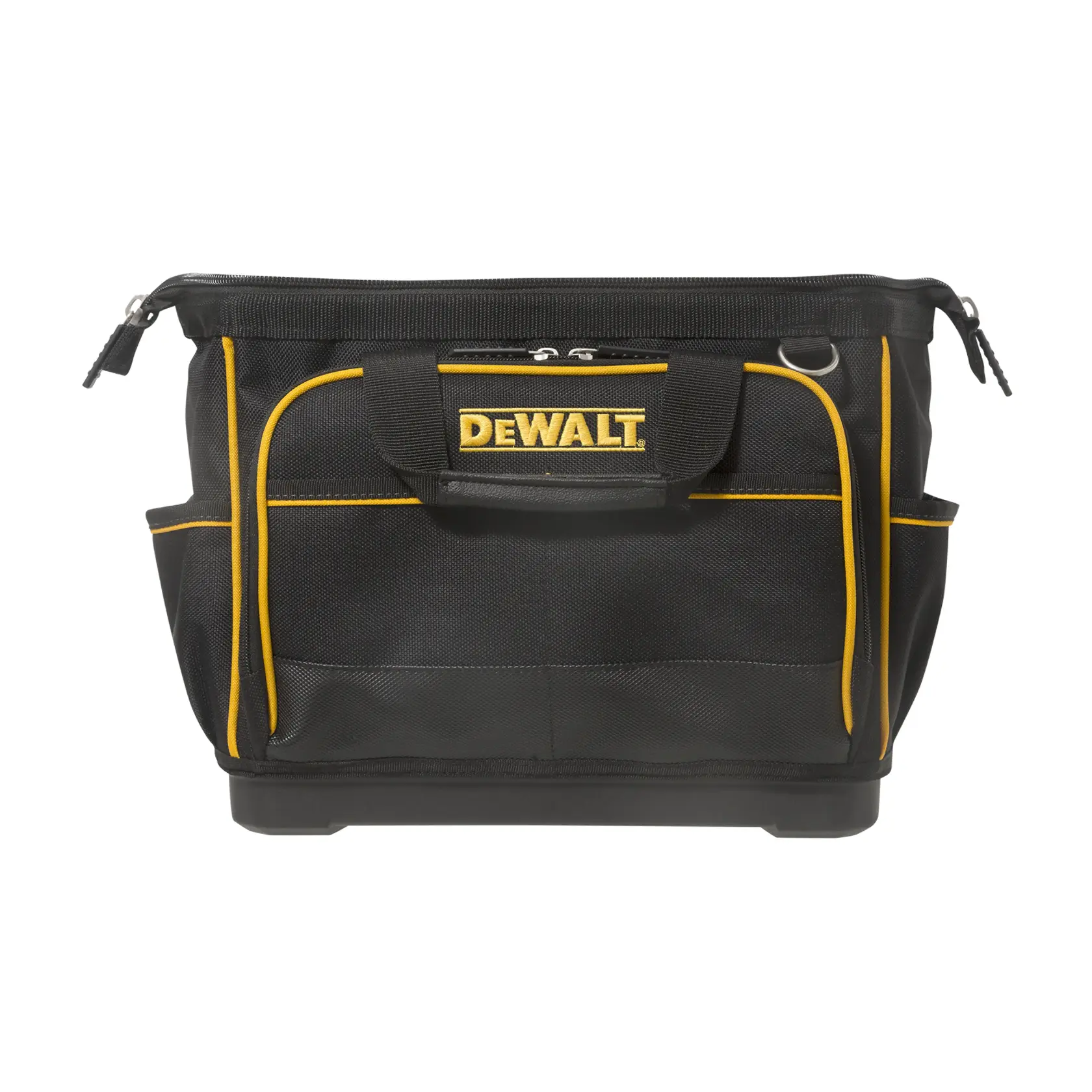 Bolsa de fotografia DEWALT DWST83489, DWST83489-1 com detalhes amarelos e alças, vista frontal.