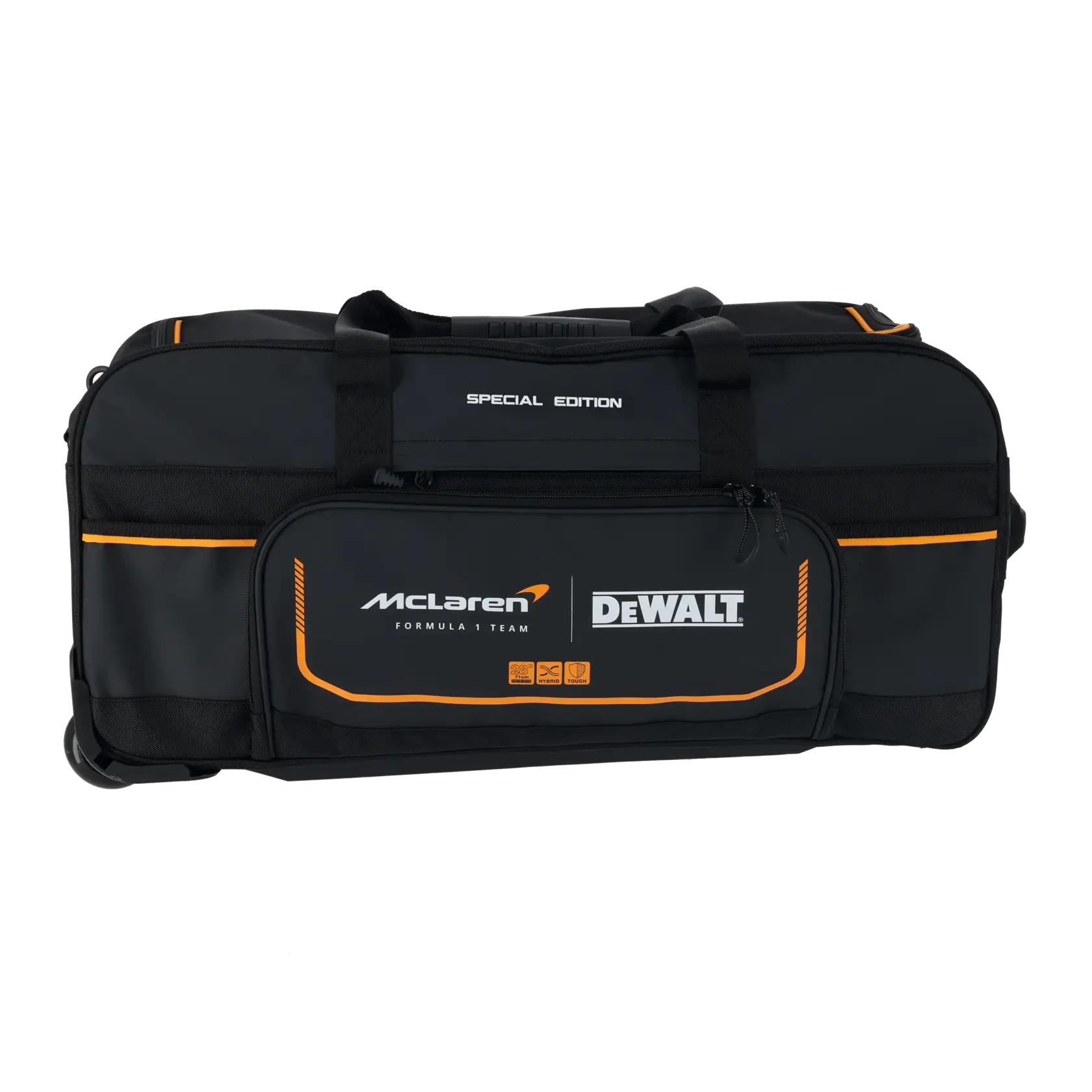 Bolsa de ferramentas preta DEWALT edição especial com marca McLaren, detalhes laranja e bolso com zíper.