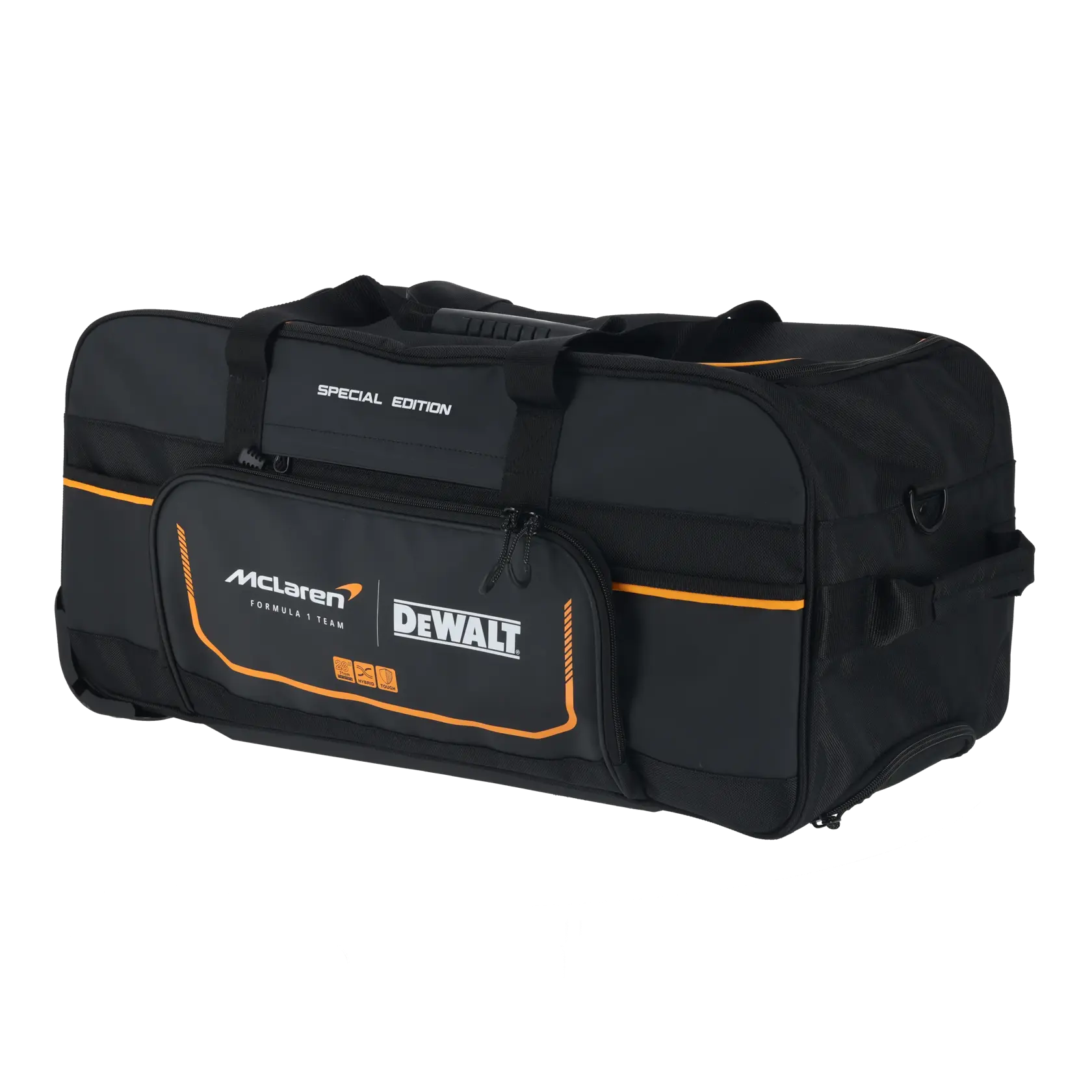 Bolsa de ferramentas preta DEWALT McLaren, edição especial, com detalhes laranja e bolso frontal.