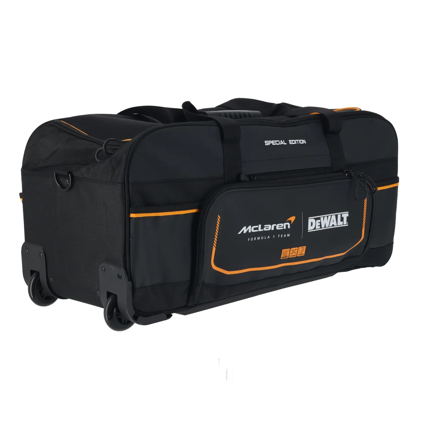 Bolsa de ferramentas preta DEWALT McLaren edição especial com rodas, detalhes laranja e bolso lateral.