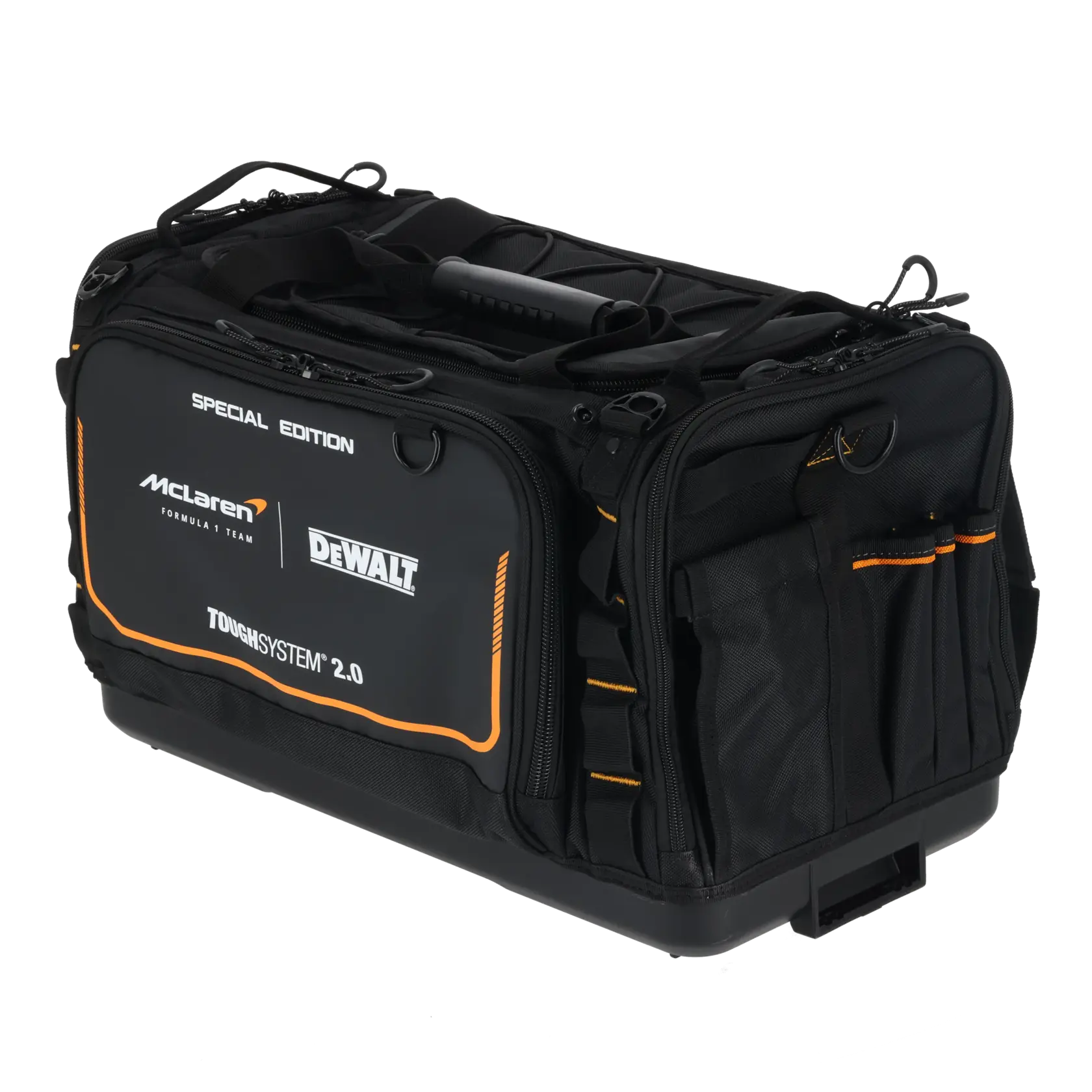 Bolsa preta DEWALT ToughSystem 2.0, edição especial McLaren com detalhes laranja e vários bolsos.