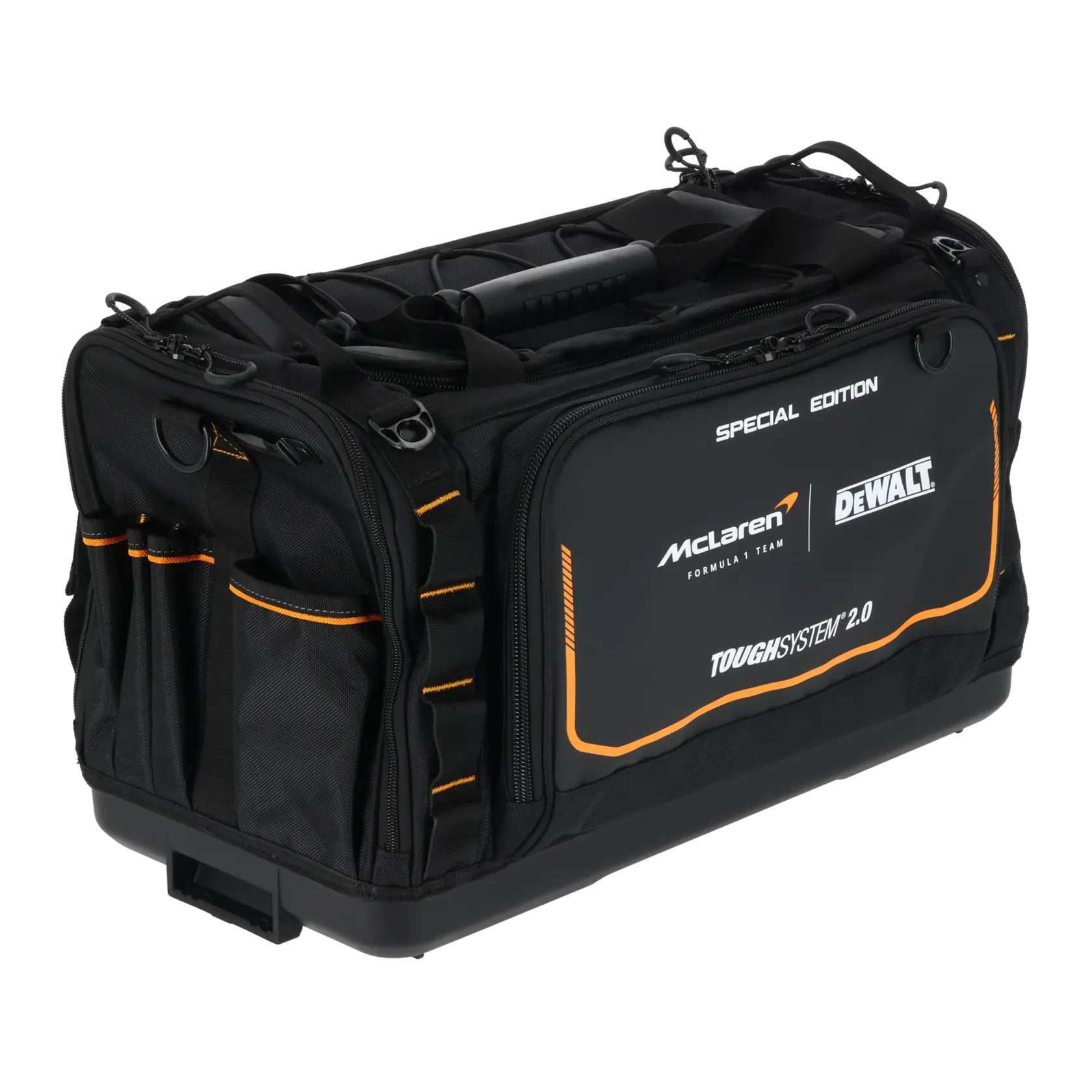 Bolsa de ferramentas preta DEWALT e McLaren com bolsos, alça e identificação ToughSystem 2.0.
