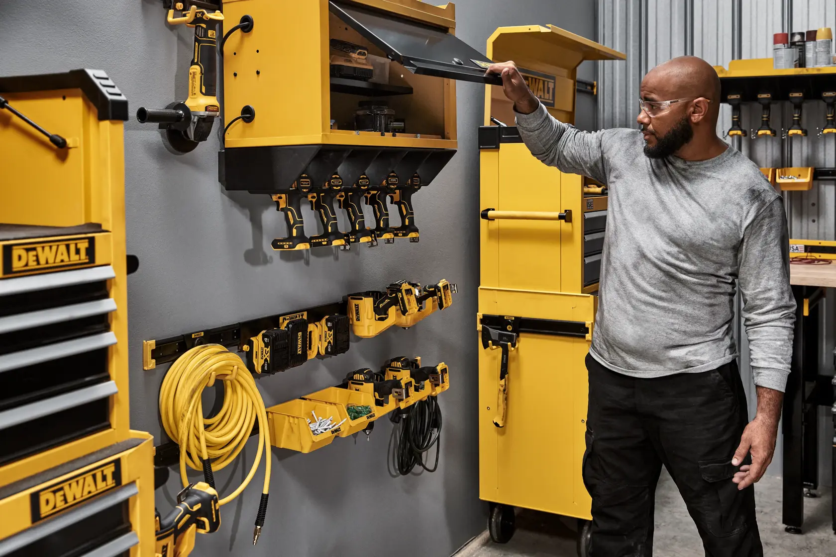 Duas caixas de armazenamento amarelas DEWALT instaladas sob um banco de trabalho de madeira, contendo parafusos e porcas. As caixas são projetadas para fornecer espaço extra para pequenos componentes, ideal para organizar peças em uma oficina. Logo DEWALT visível e texto destaca a funcionalidade de armazenamento.