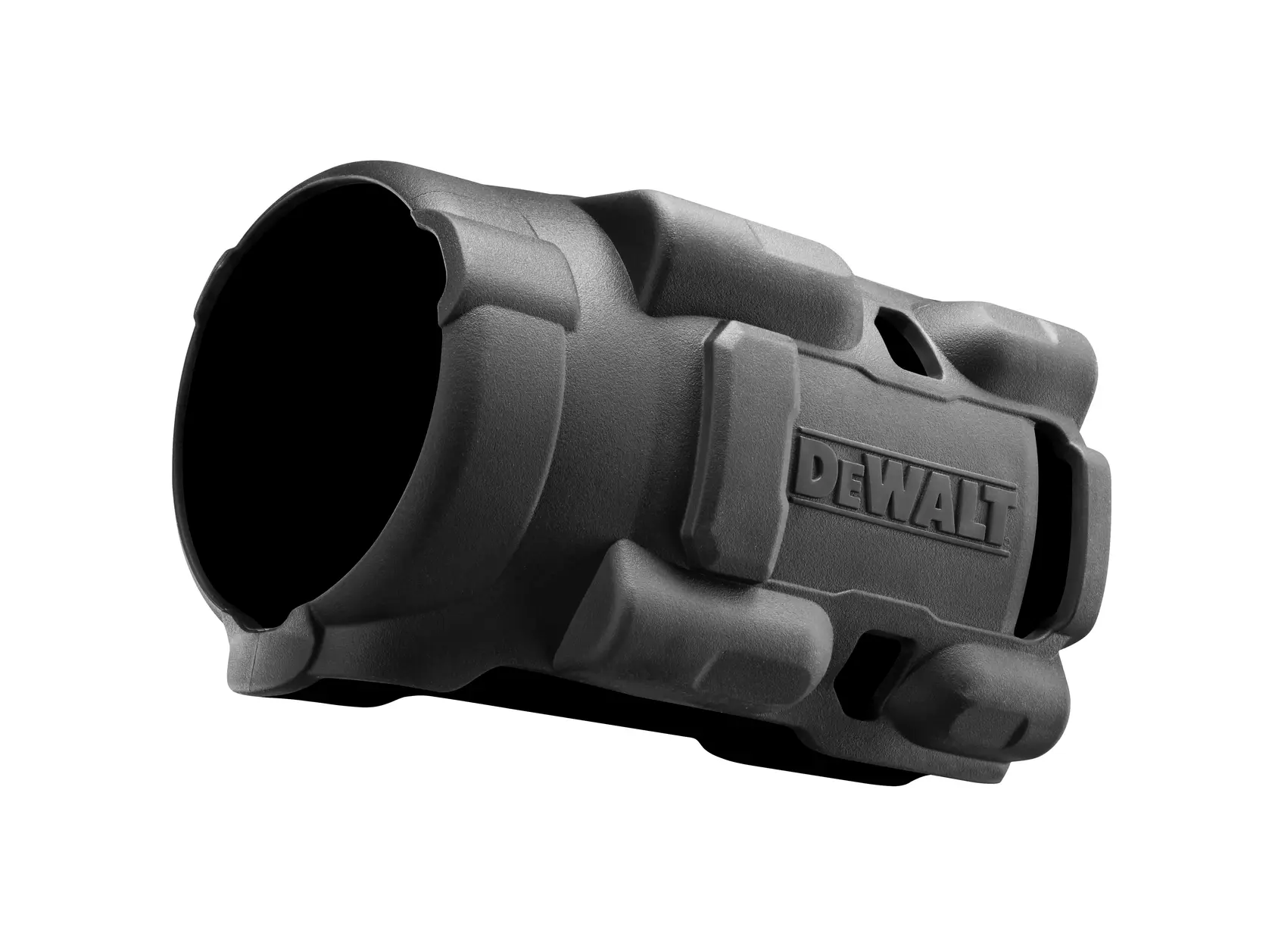 Capa protetora preta da marca DEWALT, projetada para equipamentos de fotografia, feita de material moldado durável com textura rugosa.