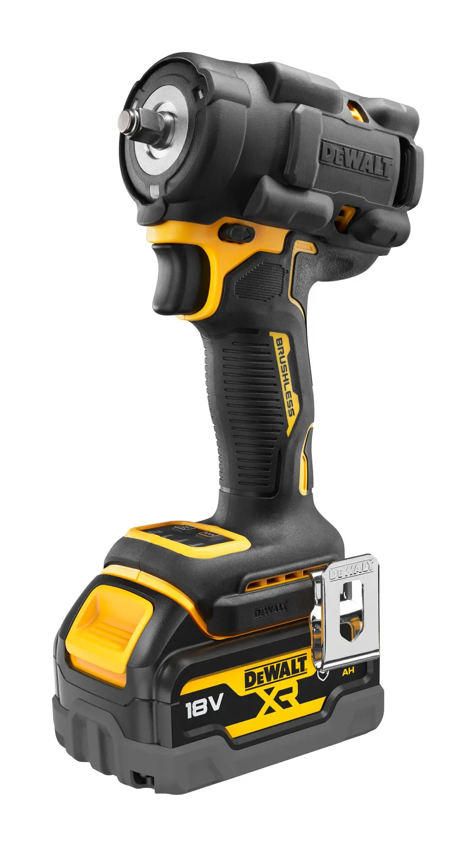 Capa protetora de borracha preta com textura frisada, projetada para um acessório de fotografia DEWALT. O logotipo DEWALT está em relevo na lateral.
